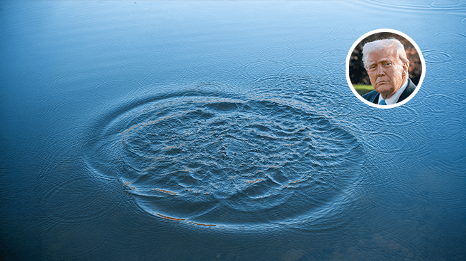 Trump valt in vijver nadat hij er overheen probeert te lopen