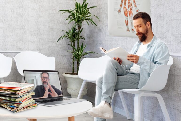 Man die vooral online contact heeft met zijn huisarts maakt thuis wachtkamer na voor nostalgisch gevoel